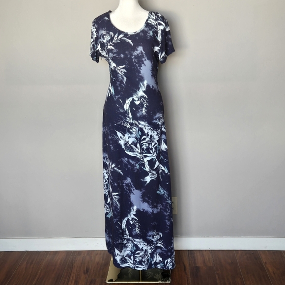 Novella Royale Floral Hawaiian Print Blue Asymmetrical Maxi Short Sleeve Dress - Picture 3 of 11